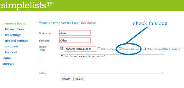 Pausing delivery in Simplelists A screenshot of pause delivery settings