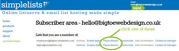 Pausing delivery as a member in Simplelists A screenshot of member settings
