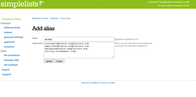 Adding an alias A screenshot of adding an alias in Simplelists