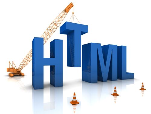 HTML email design A graphic of large HTML letters with a crane moving the T