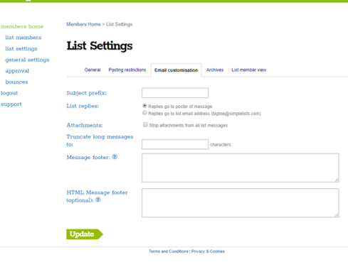 Email customization A screenshot of Simplelists list settings