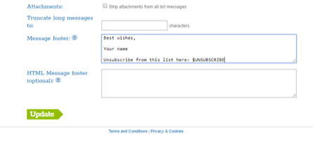 Footer plain text A screenshot of Simplelists list settings with plain text footer