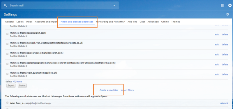 How to whitelist email in Gmail A screenshot of Gmail settings