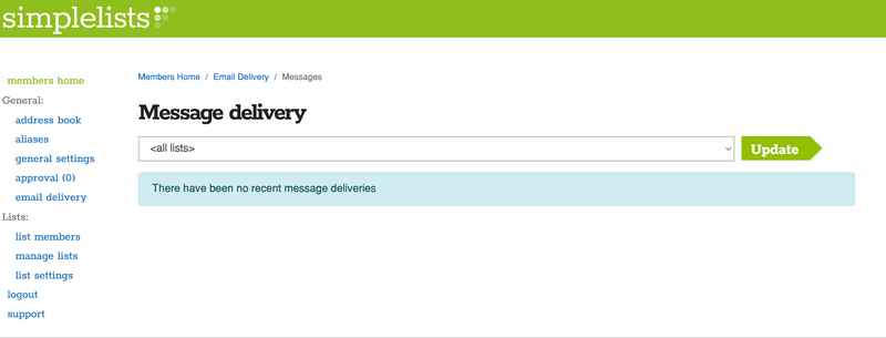 A screenshot showing how email deliveries can be tracked in Simplelists Screenshot of email delivery monitoring in Simplelists
