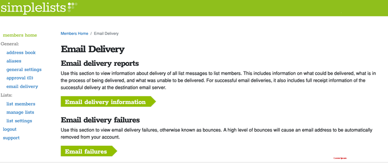 The screenshot shows tools in Simplelists to monitor email delivery A screenshot of Simplelists email delivery and bounces page