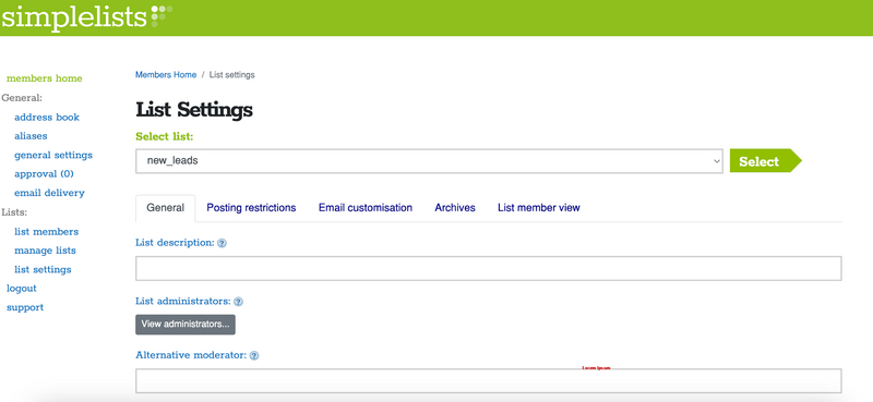 A screenshot of list settings in Simplelists group email Screenshot of list settings for group emails in Simplelists