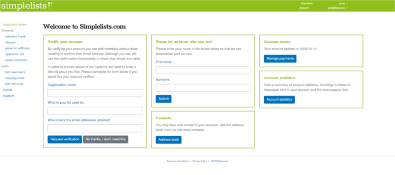 Simplelists is easy to use starting with the administration dashboard A screenshot of the Simplelists management dashboard