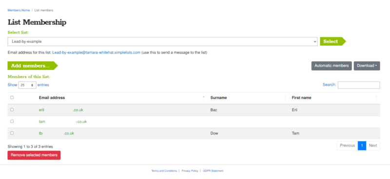 Members can be easily added and removed using the Simplelists list members administration page A screenshot of the Simplelists list members management page