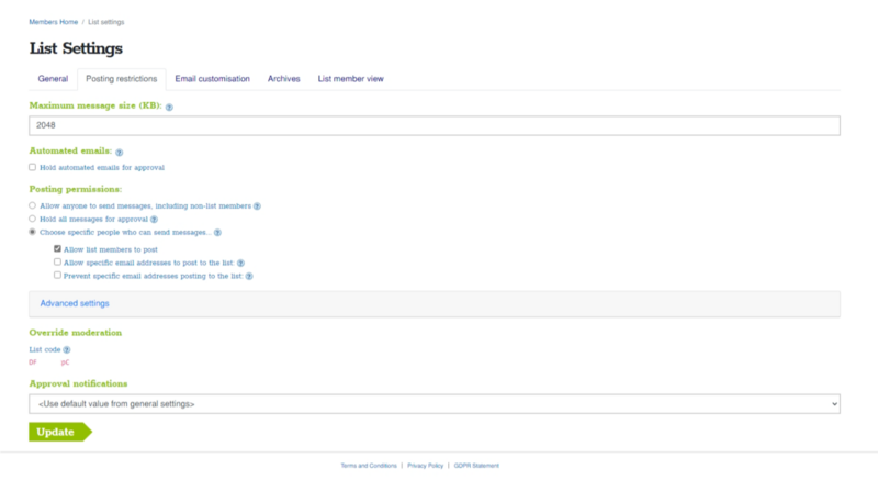 List settings can be altered to moderate listserv emails as required A screenshot of the Simplelists list settings page
