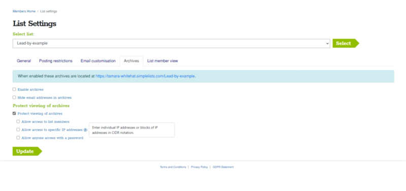 Archives can be enabled and configured in the Simplelists list settings page A screenshot of the Simplelists archives settings page