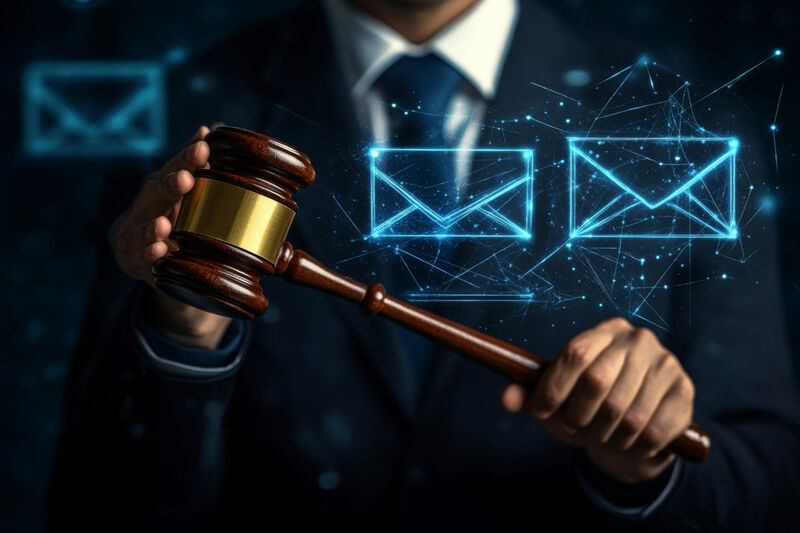 Managing GDPR compliance with email is important to avoid the courtroom gavel An image of a courtroom gavel with email
