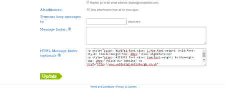 A screenshot of Simplelists list settings with HTML footer