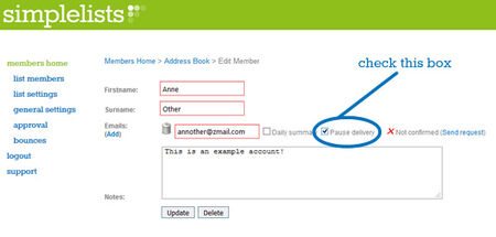 A screenshot of pause delivery settings