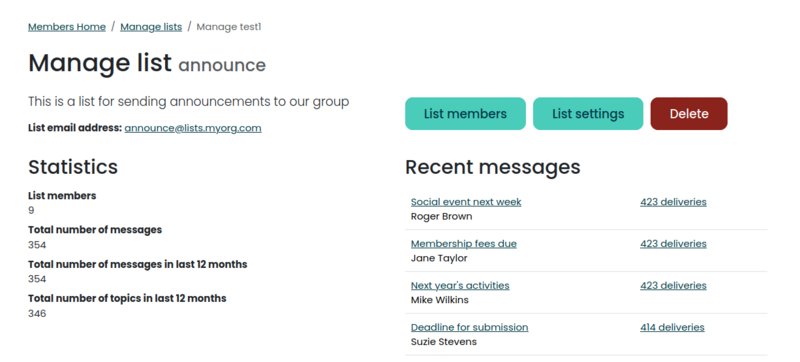 The new manage list page An image showing the new manage list page
