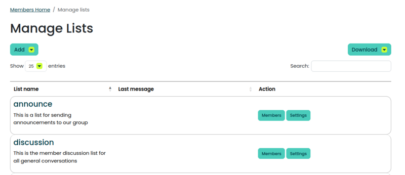 The new manage lists page An image showing the new manage lists page